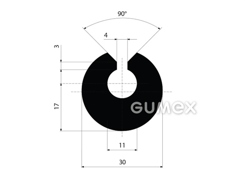 Pryžový profil kruhový, průměr 30mm, drážka 11mm, 70°ShA, EPDM, -40°C/+100°C, černý
